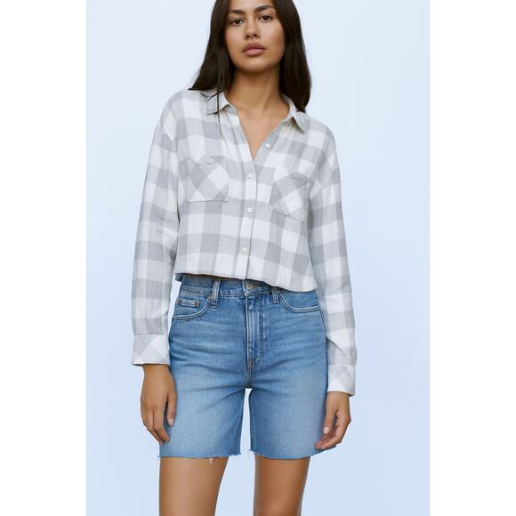 Rails Rain Gray White Cropped Short Flannel Button Up Shirt Medium Rayon - Picture 1 of 11